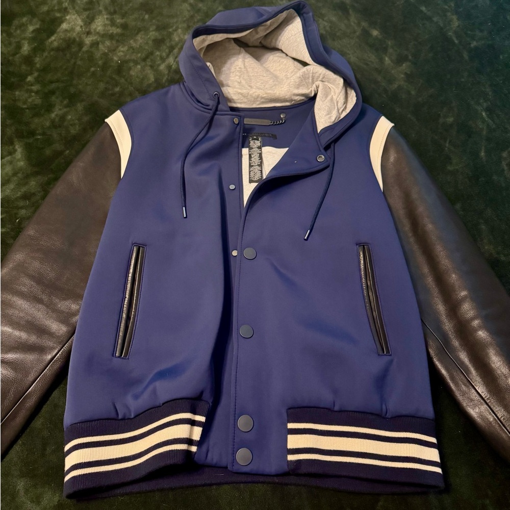 Men's Marc Jacob's Blue Varsity Jacket with Black Leather Sleeves